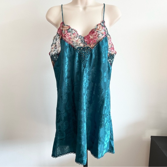 Vintage Satin Slip Dress Val Mode Size M Green Floral and Lace Trim - Picture 1 of 10